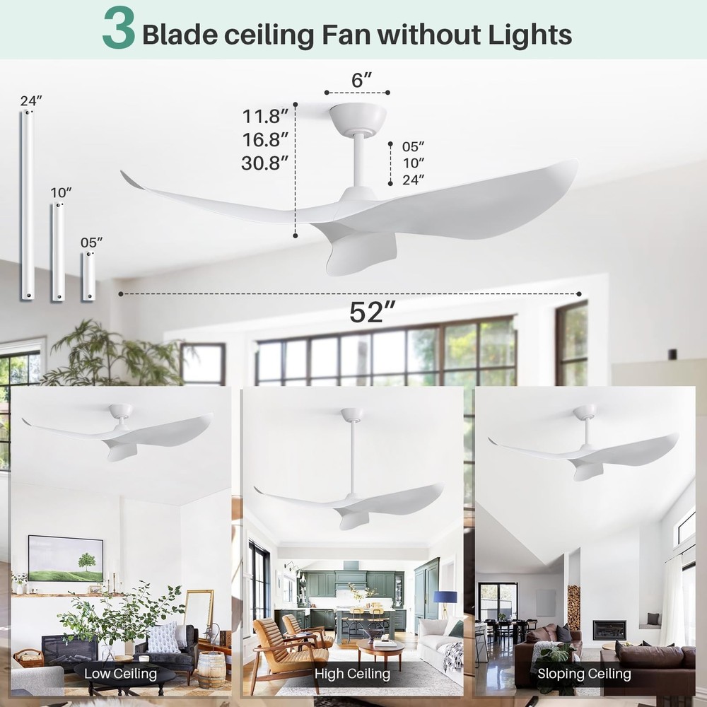 CACI Mall 52" White Ceiling Fan No Light, Modern, Remote Control, Low Profile...