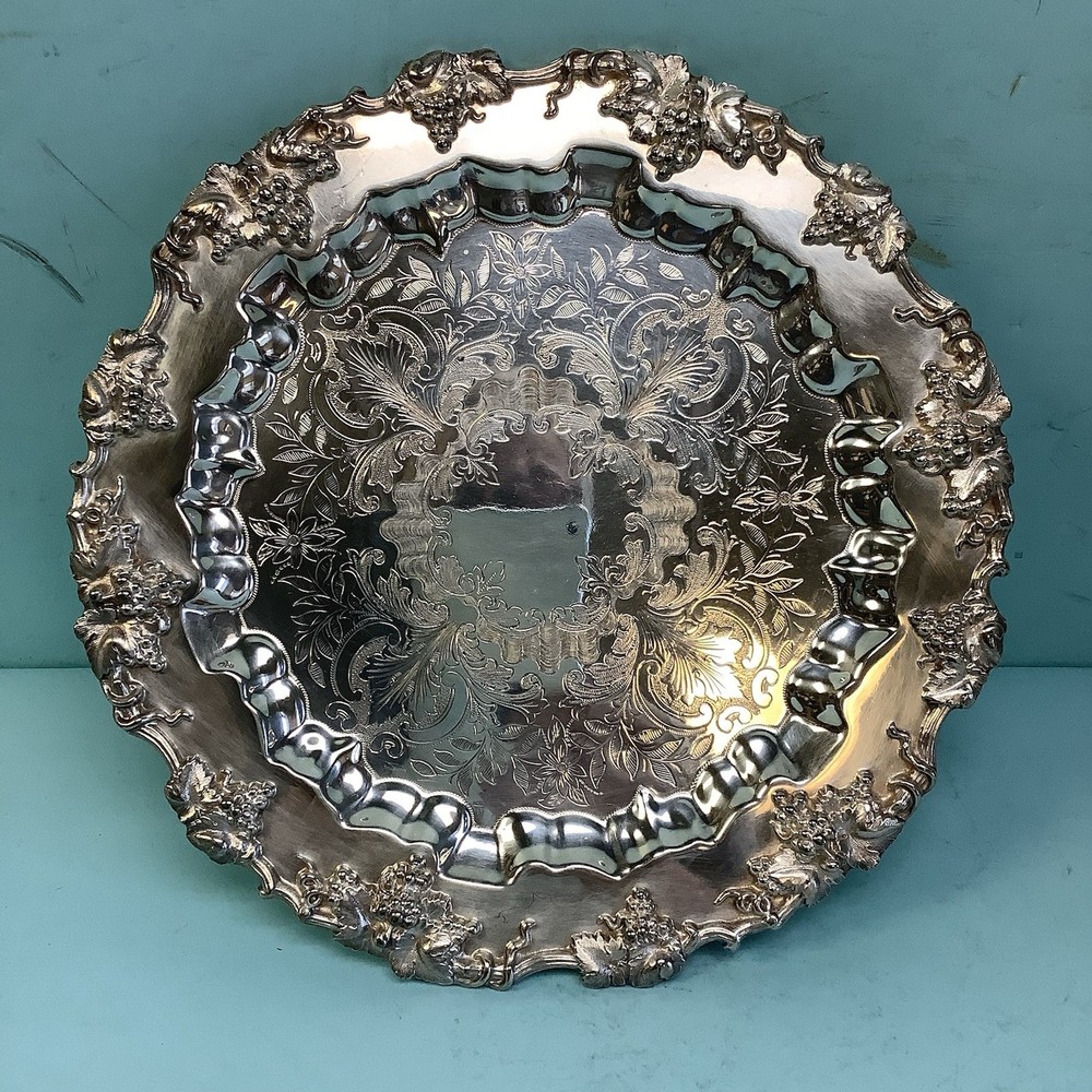 Silverplate Footed Salver Grape and Vine Edge 12” Diameter