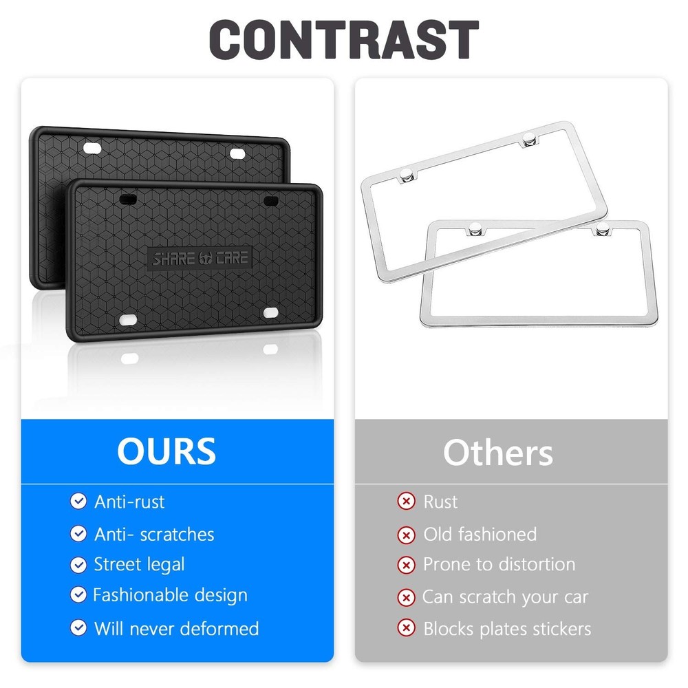 2 Pack Silicone License Plate Frame - Rust Proof & Weather Proof - Black