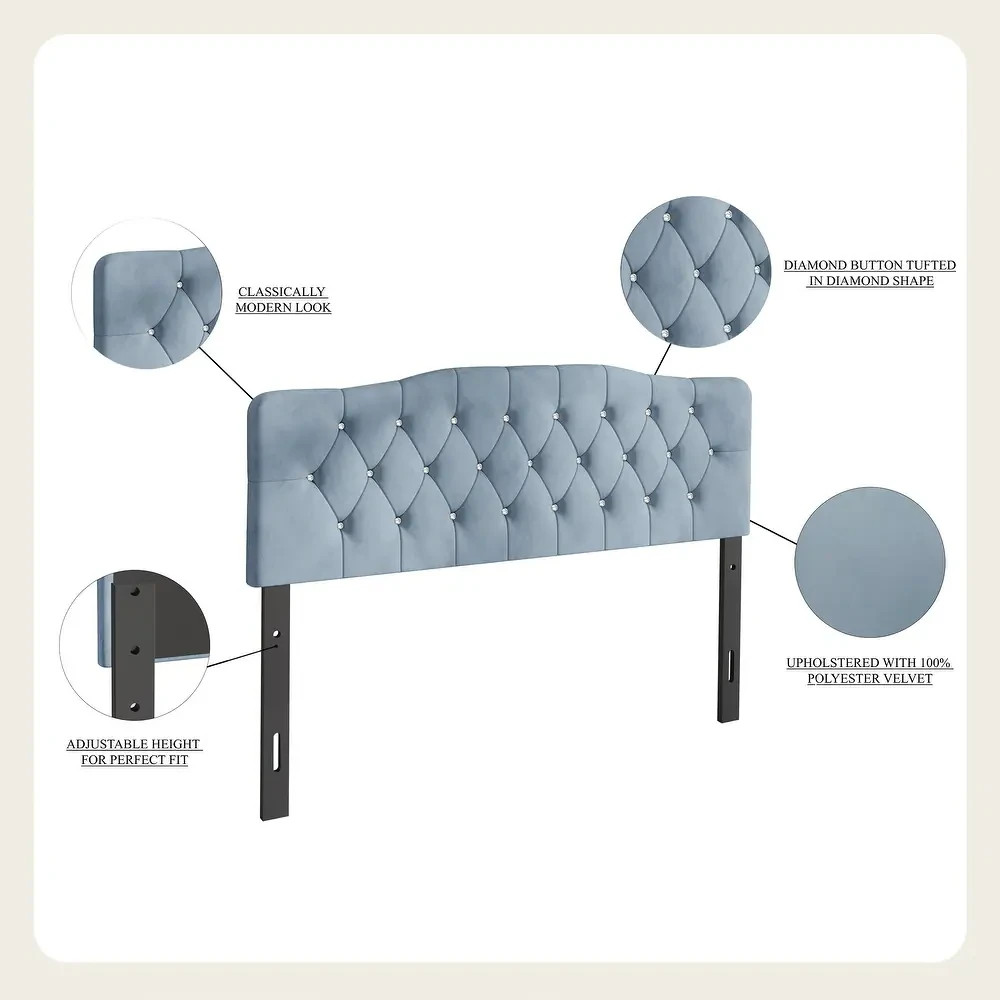Upholstered Queen Size Headboard Only Light Blue Adjustable Hgt Diamond Tufted