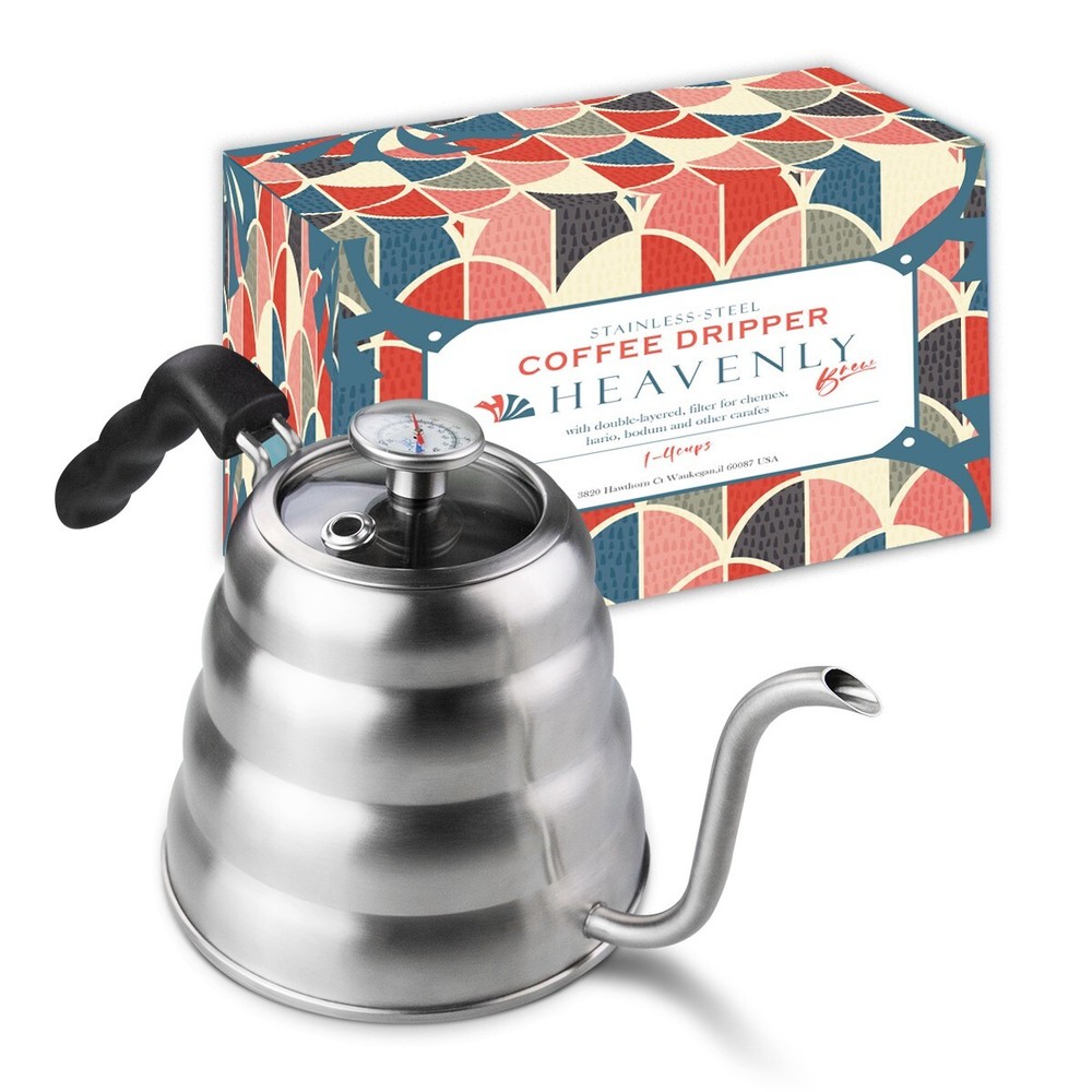 Heavenly Brew Gooseneck Pour Over Kettle with Thermometer Glass Lid Top 40 oz