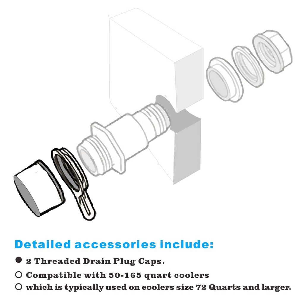 Drain Plug caps, Cooler Threaded Caps with Tether. White