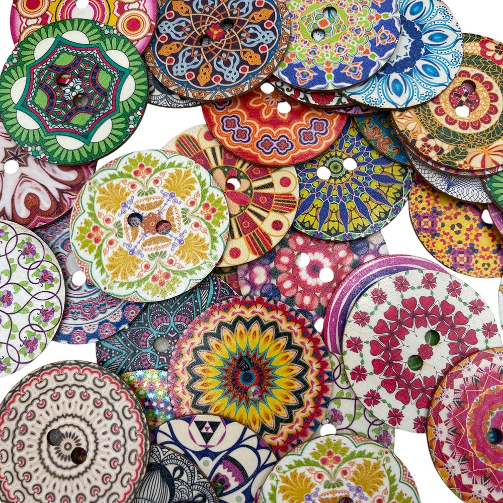 Decorative Wood Buttons with Mandala Patterns, 3 Inch, 20 Pack, Multicolor St...