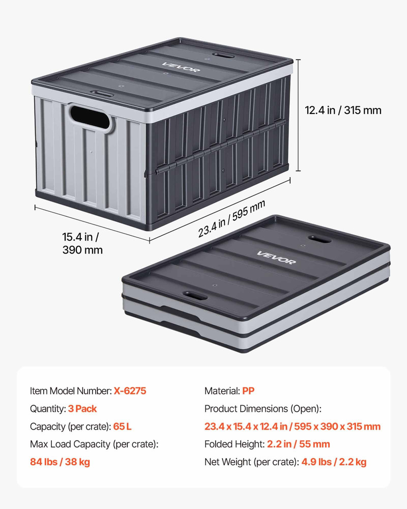 65L Collapsible Storage Bins w/ Lids 3 Pack Stackable Folding Crates Handles