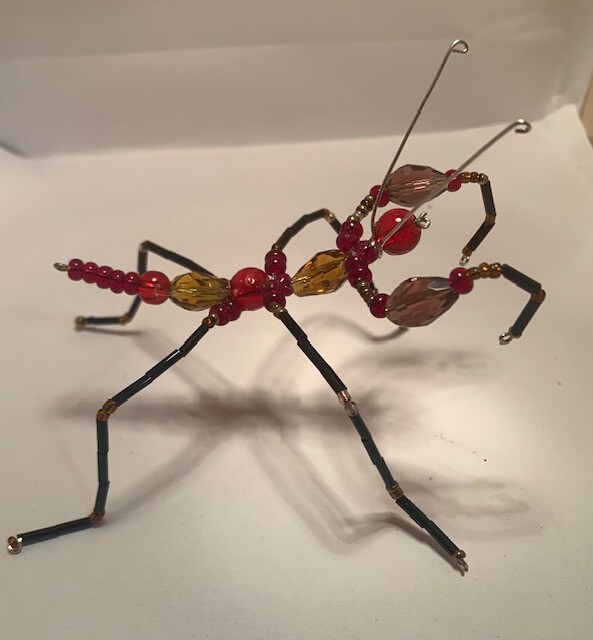 Handmade bead and wire Red praying mantis