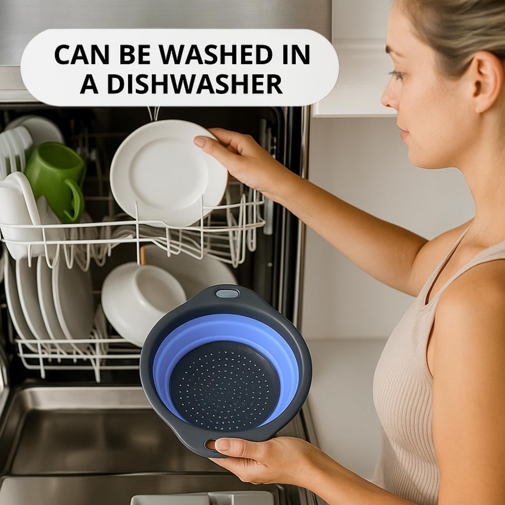 Blue Round Silicone Collapsible Kitchen Colander Plastic Handle Strainer