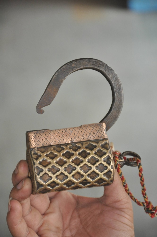 Vintage Iron Solid Brass Fitted Engraved Handcrafted Screw Padlock