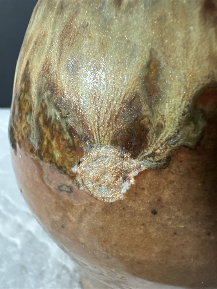 Tan Drip Glazed Ceramic Jar with Agate Adorned Lid Signed