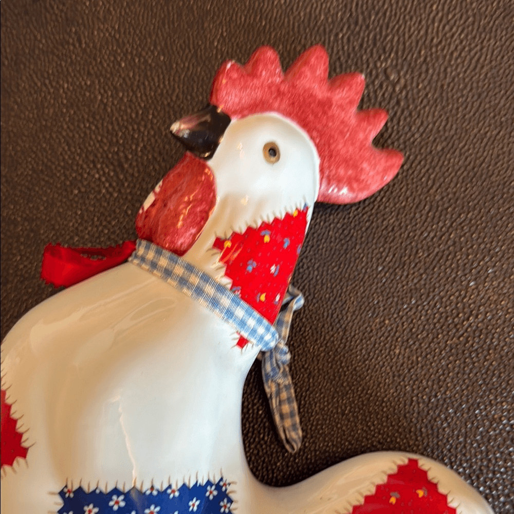 Patchwork Rooster Figurine - Red, Blue, and White Ceramic