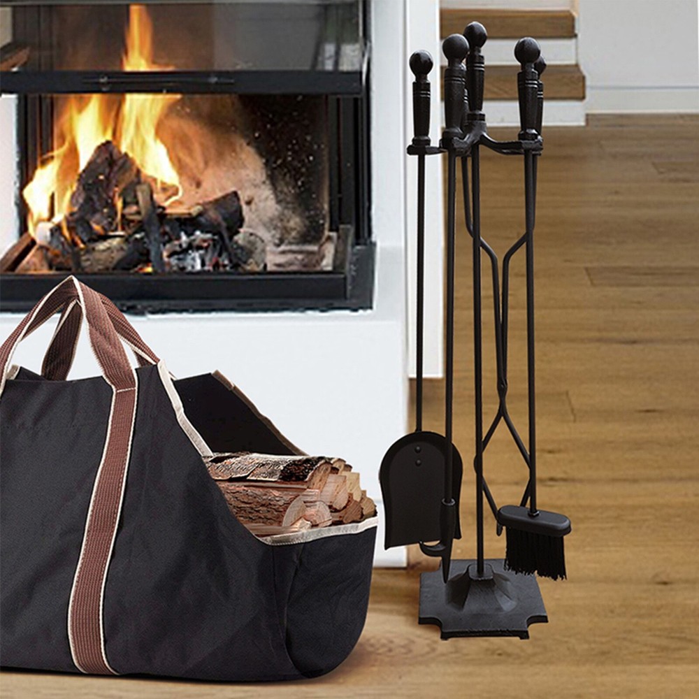5 Pcs Iron Fireplace Tools Set in Handle Wrought Iron; Black
