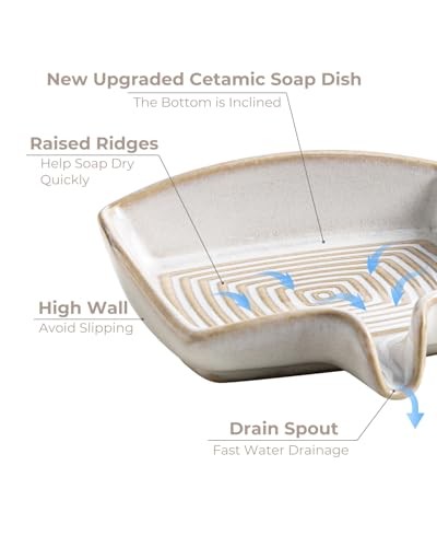 Soap Dishes, Ceramic Shower Soap Dish with Waterfall Rectangular Beige White