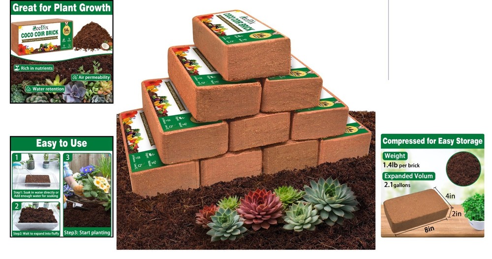 10-Pack Coco Coir Bricks: Biodegradable Planting Solution, 2.1 Gal Each