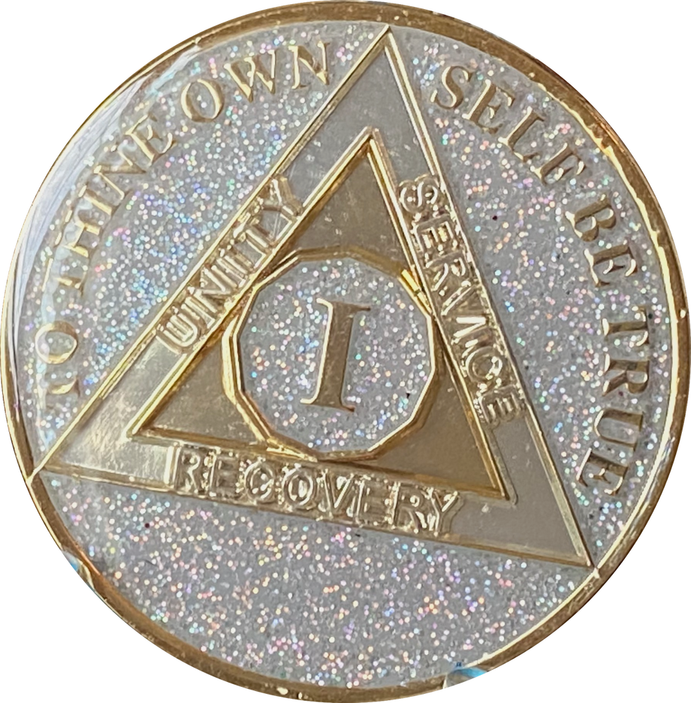 1 Year AA Medallion Silver Opal Gliter Tri-Plate Sobriety Chip