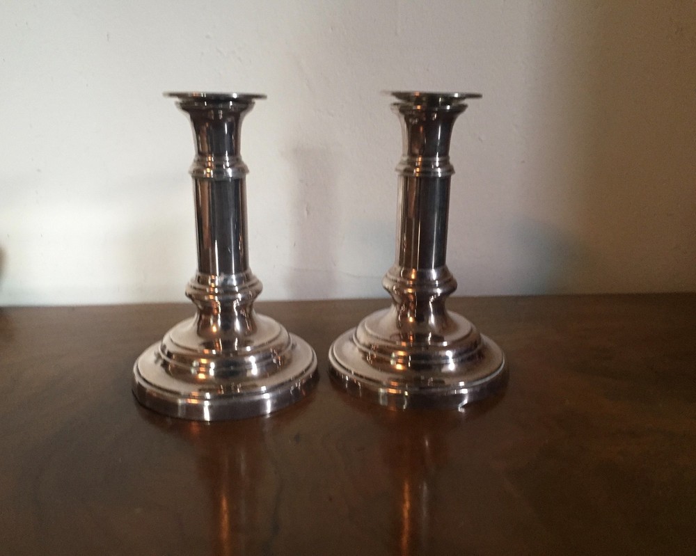 Pair 19th c. Old Sheffield Silver Plate on Copper Telescoping Candlesticks