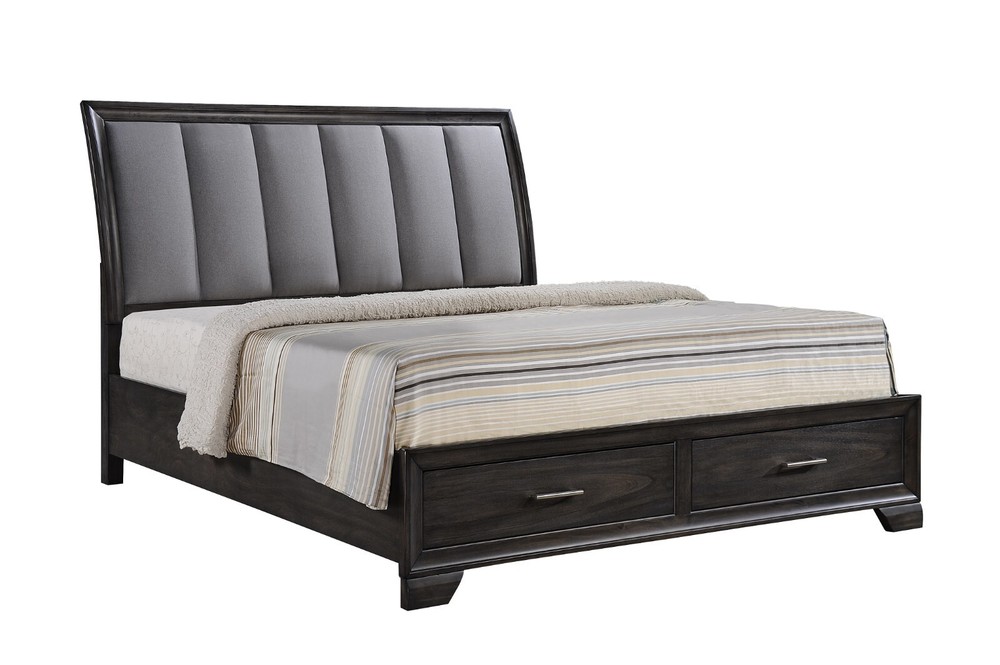 6Pc Queen Size Platform Storage Footboard Bed Set Dark Gray Finish Solid Wood