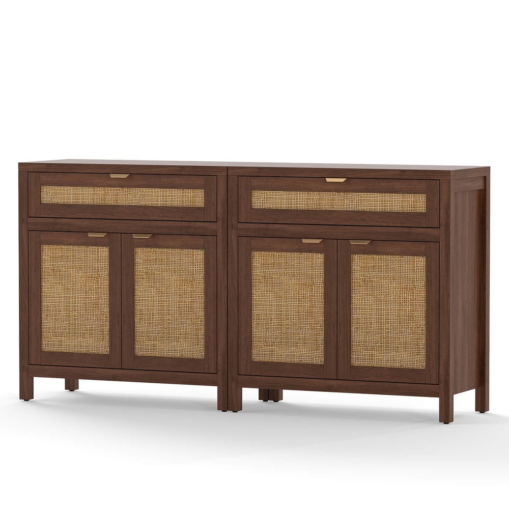 2 PCS Buffet Cabinet Sideboard Storage Cabinet Rattan Doors Adjustable Shelf