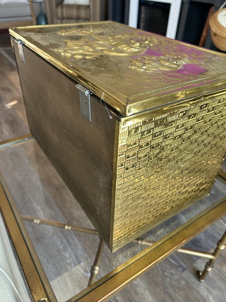Brass-clad coal box w/embossed sailing ship motif