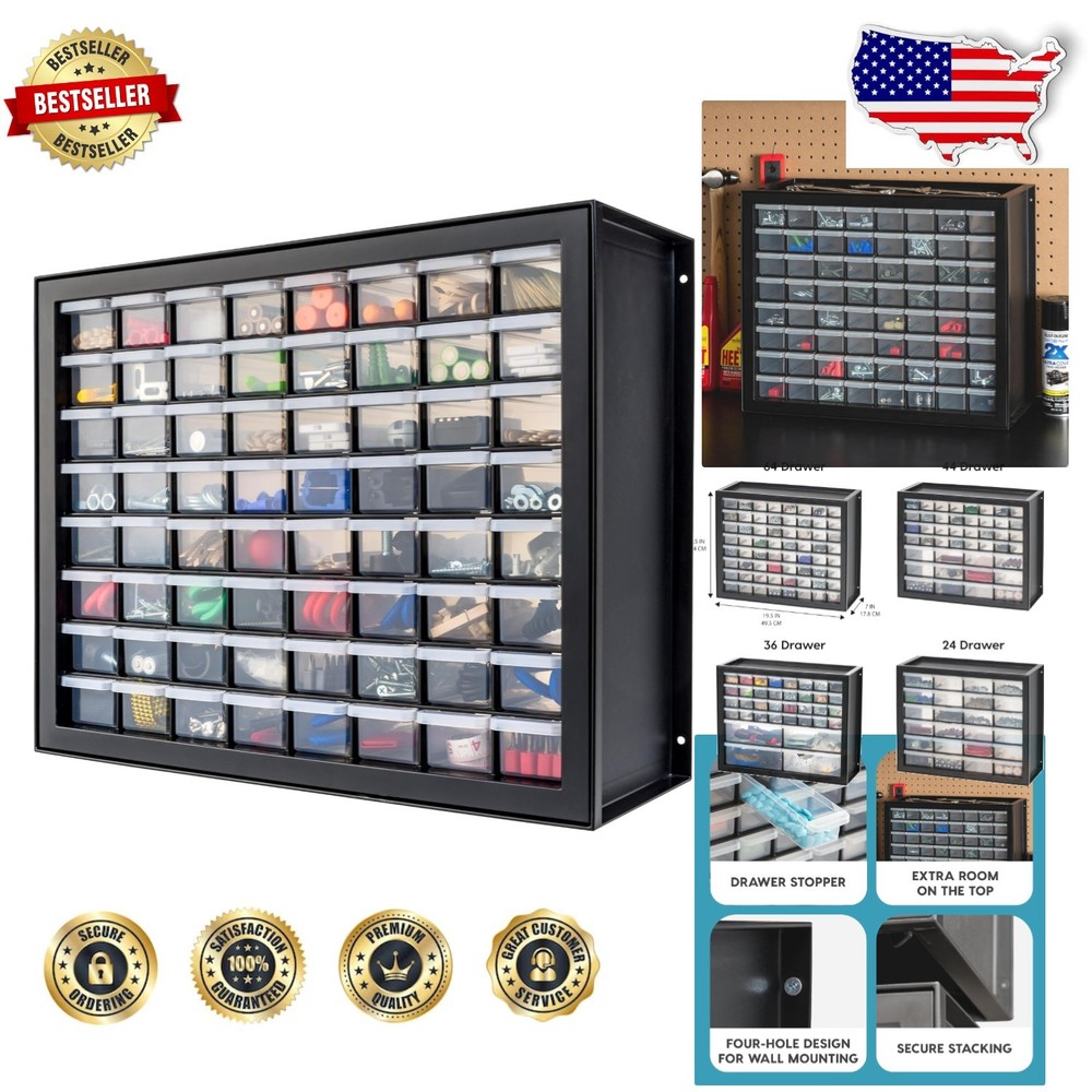 IRIS 64 Drawer Black Plastic Hardware Organizer Cabinet - Stackable Tool Storage