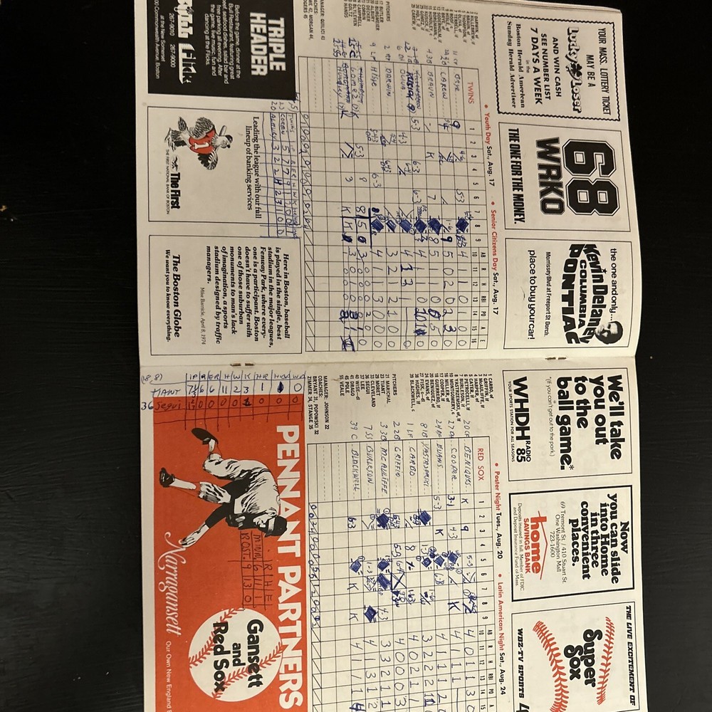 August 18, 1974 Red Sox Program Scored Minnesota Twins - 9-6 Red Sox Win!