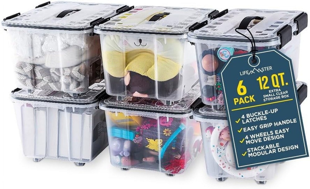 Stackable Storage Box Set Nestable Design Secure Latches Wheels & Pull-Out Base