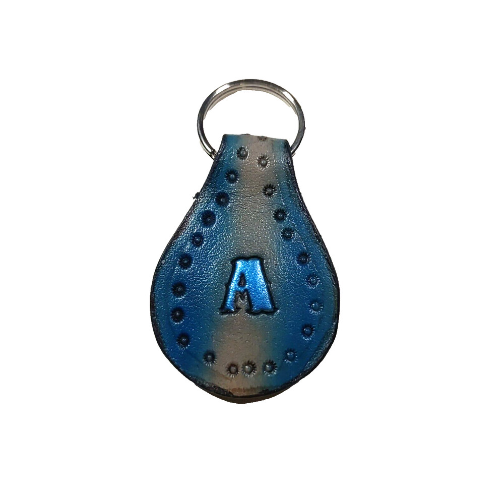Blue Leather Monogramed A Keychain Small