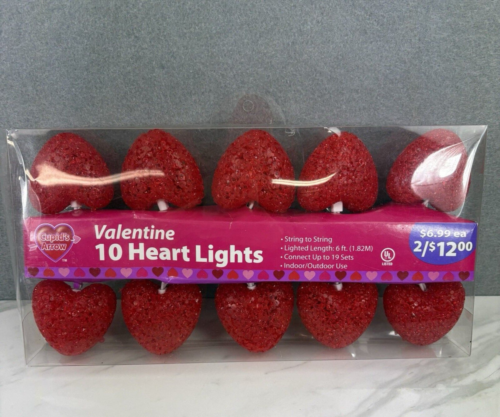 Valentine Cupid’s Arrow Vintage String Lights RED HEARTS Melted Plastic