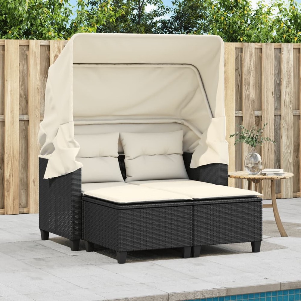 Garden Sofa Black PE Rattan 2-Seater Adjustable Armrests