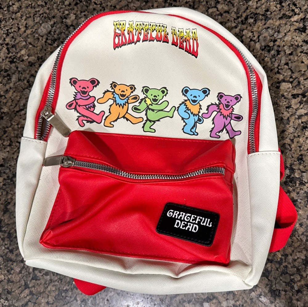 Grateful Dead Backpack White/Red Straps Dancing Bears Pattern & Logo