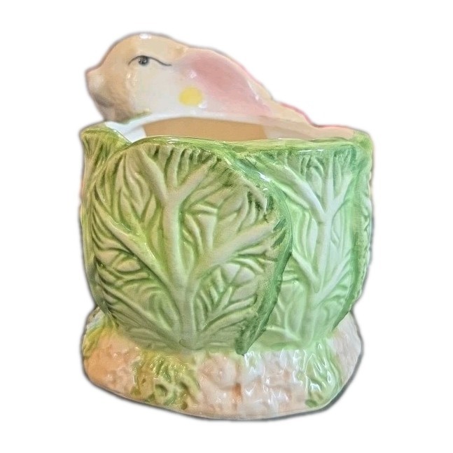 Large Bunny Planter White Rabbit w/ Cabbage Lettuce Leaf Planter
