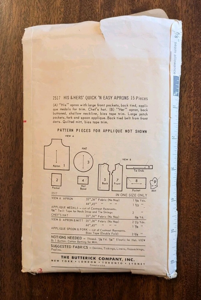 Butterick #2517 His & Hers Quick Easy Apron Pattern w Appliques Complete Cut