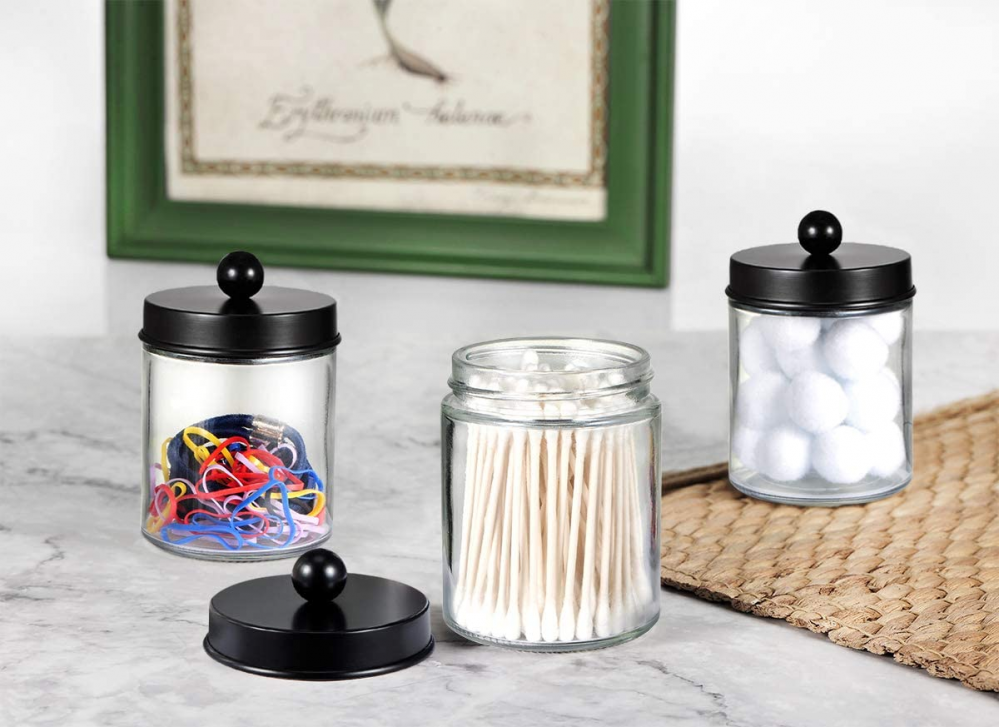 4 Pack Apothecary Jars Bathroom Vanity Storage Organizer Set Black