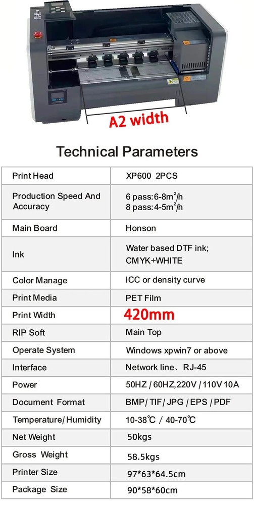 Full Automatic 42cm A2 Dtf Printer Double XP600 Dtf Inkjet Printer