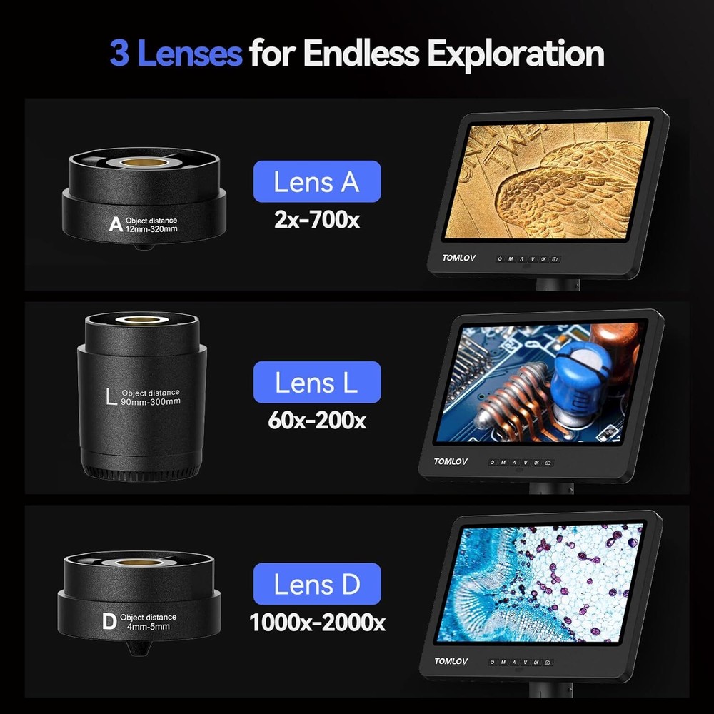 TOMLOV DM602 Flex 2000X Digital Microscope Adults Soldering Microscope 144-LED