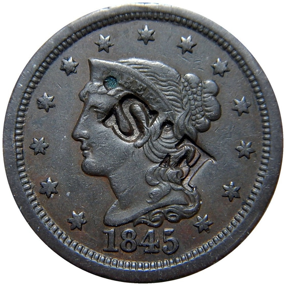Large cent 1845 AU counterstamp E.S.
