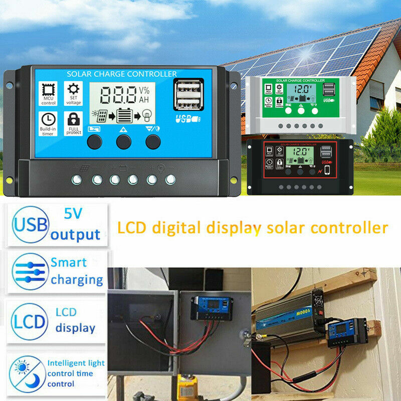 2 Packs Solar Panel Battery Charge Controller 30A 12V/24V LCD Dual USB Regulator