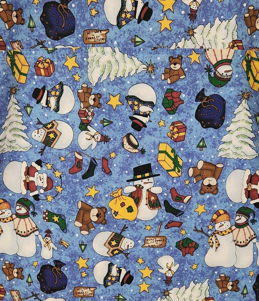 Christmas Scrub Top Size L Blue Short Sleeve Pullover Snowmen