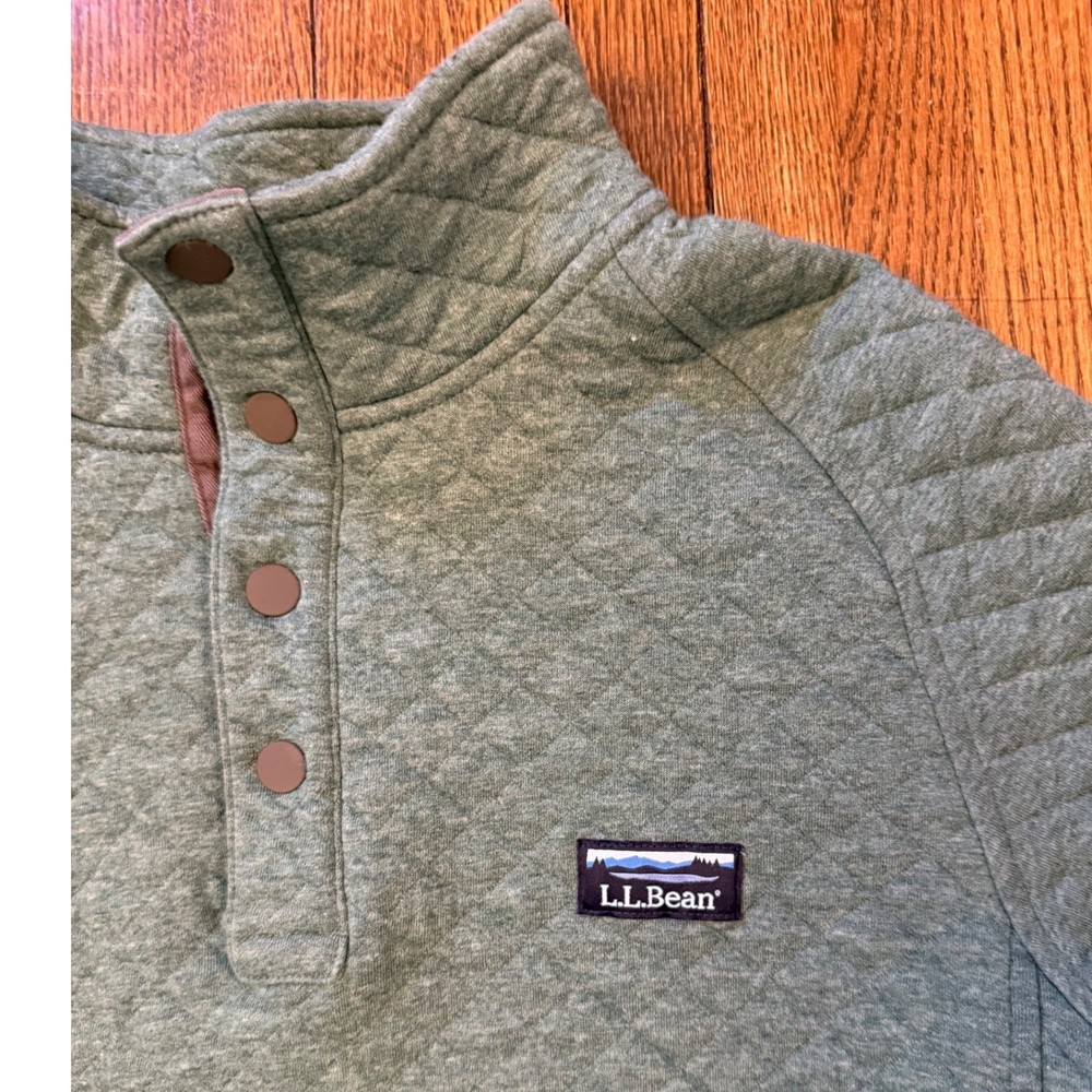 LL Bean Mens Quilted Sweatshirt Snap Pullover Green M Tall 505230