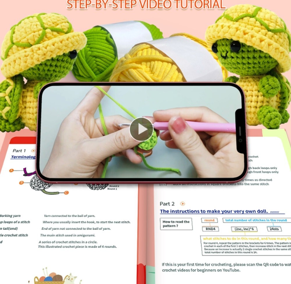 Beginner Crochet Turtle Kit DIY Amigurumi Set Yarn Tools Included Video Tutorial