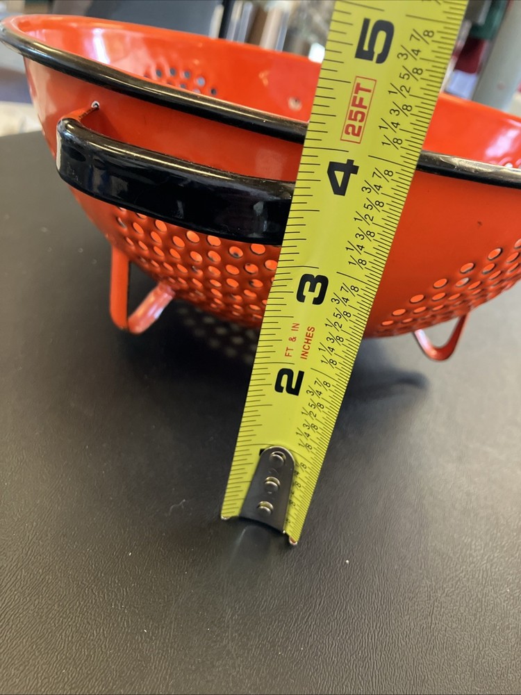 EUC-Vintage 9” Kitchen Orange Enamelware Strainer MCM Decor