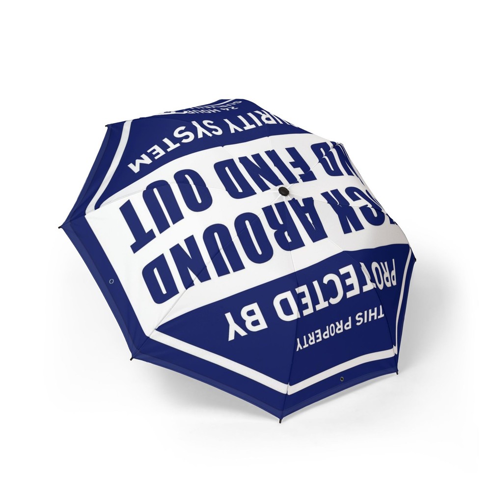 Protected By Security System Foldable Umbrella | Blue Warning Sign