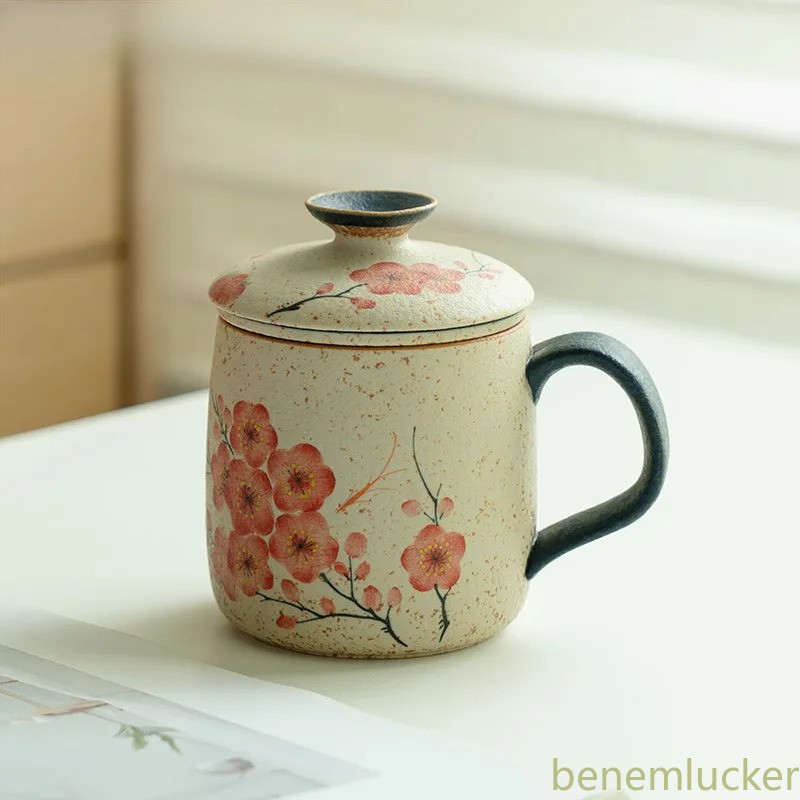 430ml Ceramic Handpainted Plum Blossom Filter Tea Separator Cup Mug Office Cup