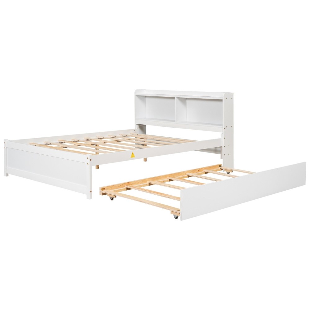 Full Size Bed Frame Wood Platform Bed w/ Trundle & Storage Headboard