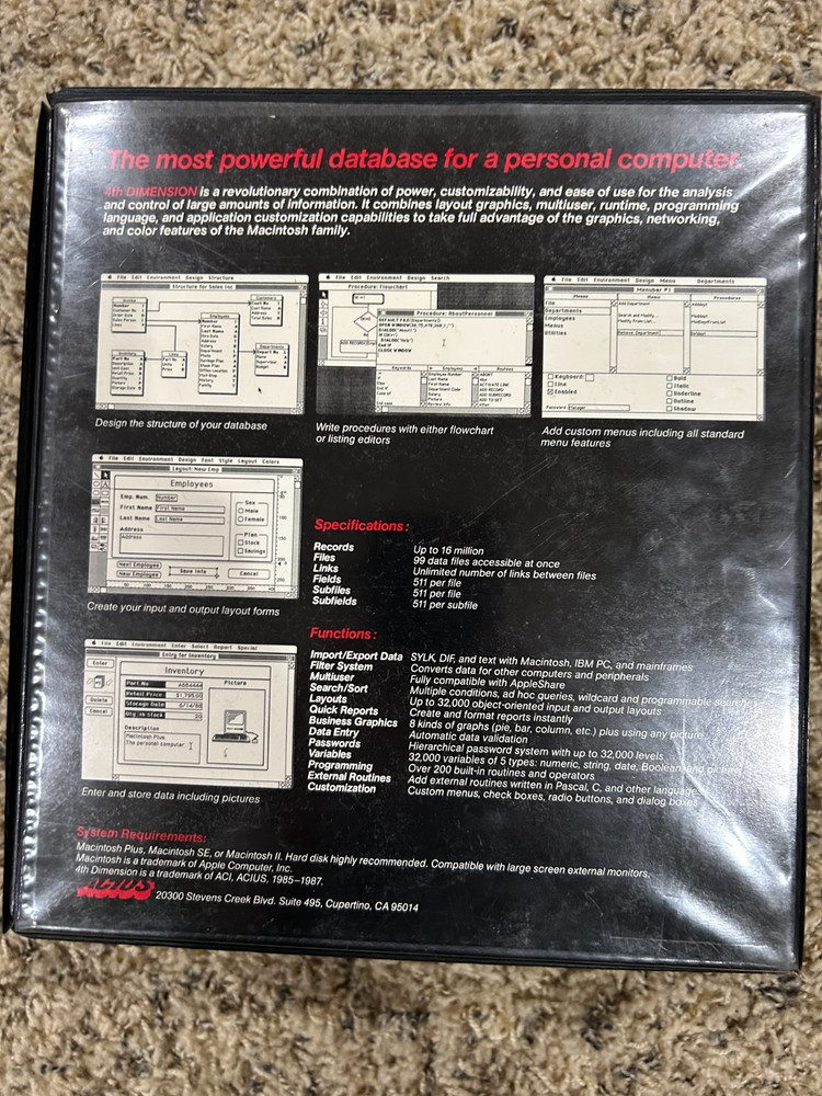 ACIUS 4th Dimension Relational Database For Macintosh Software Vintage 1989 FULL