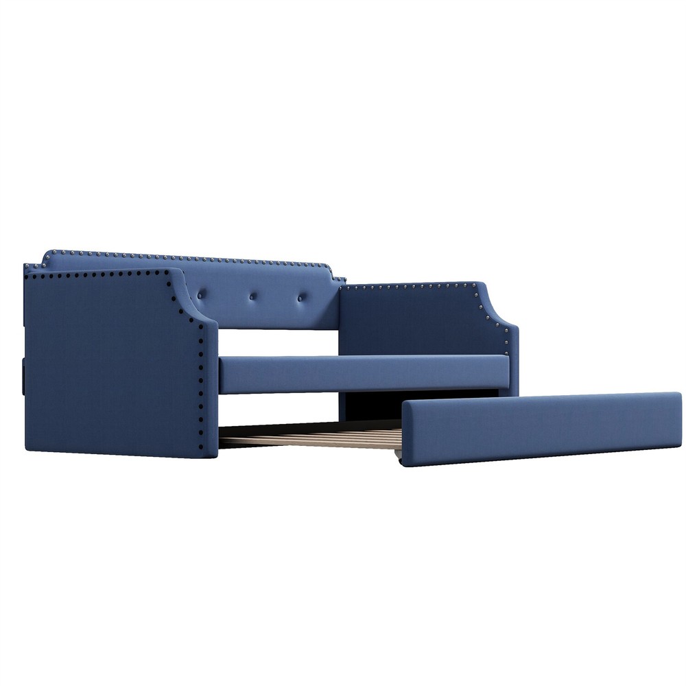Twin Size Daybed w/ Pull-Out Trundle Bed Upholstered Bed Frame Sofa Bed Blue