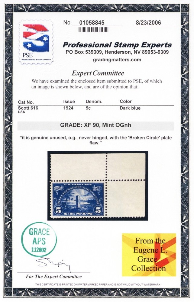 616, Mint XF NH 5¢ BROKEN CIRCLE - PSE Certificate Graded 90 * Stuart Katz
