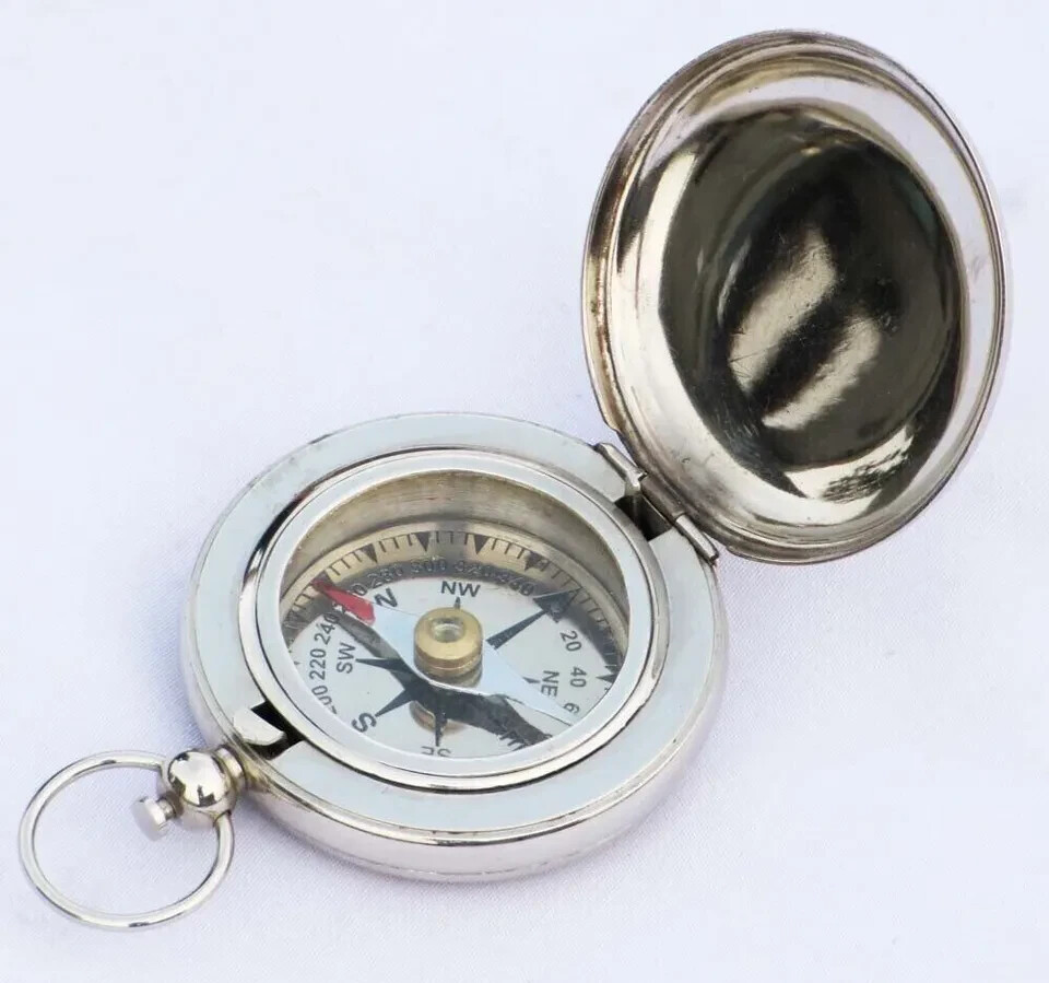 Vintage Brass Compass Push Button Compass Marine Silver Pocket Compass