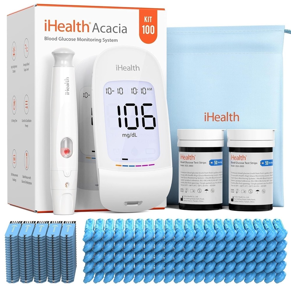 Glucose Meter Kit: 100 Strips, 100 Lancets, No Coding, 5s Results, 500 Memory
