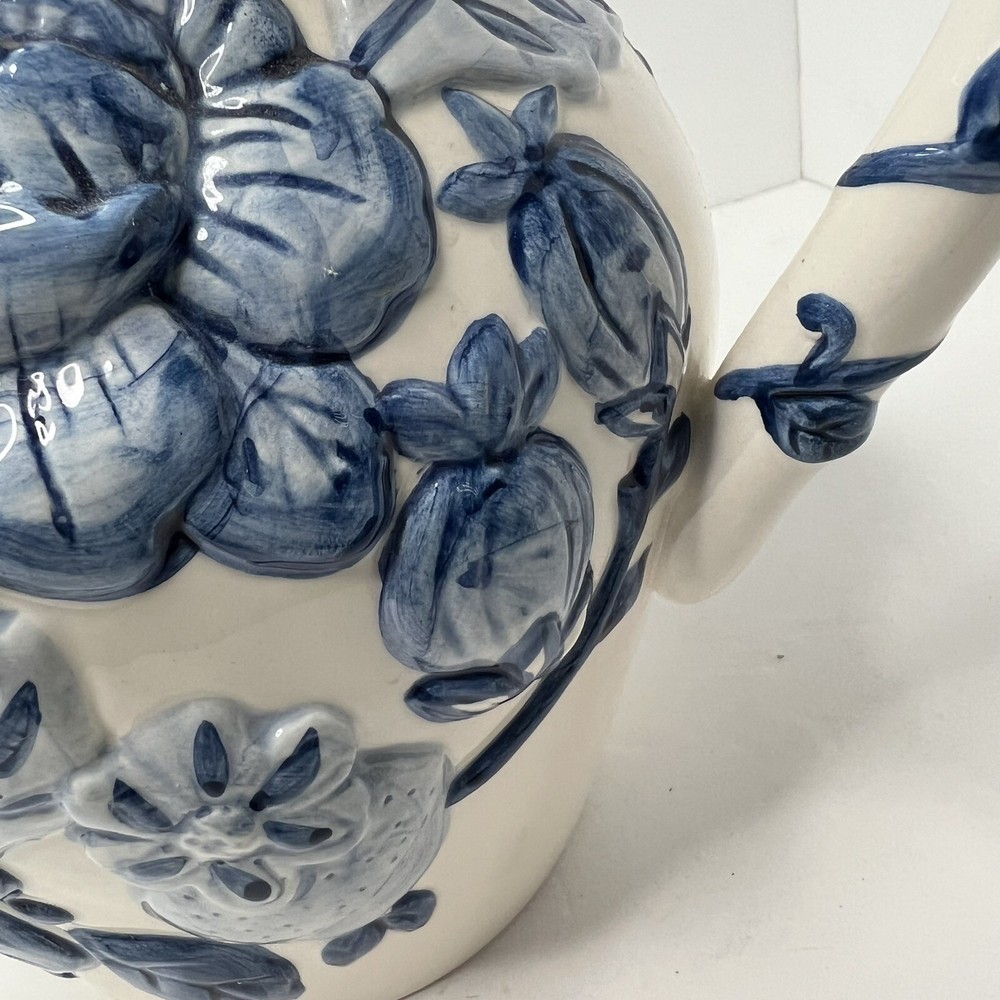 Blue & White Ceramic Pitcher Raised Floral Flowers Fruit