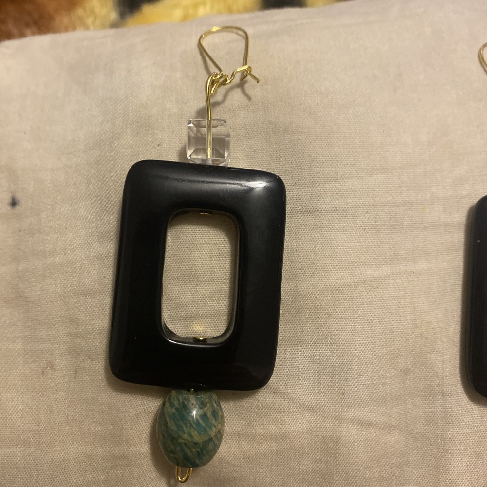 Handcrafted Black Gemstone Flat Rectangle Beaded Dangle Earrings