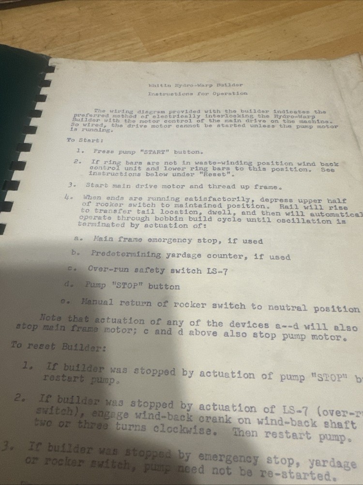 Whitin Hydro-warp Builder Instruction for Operation Manual Only